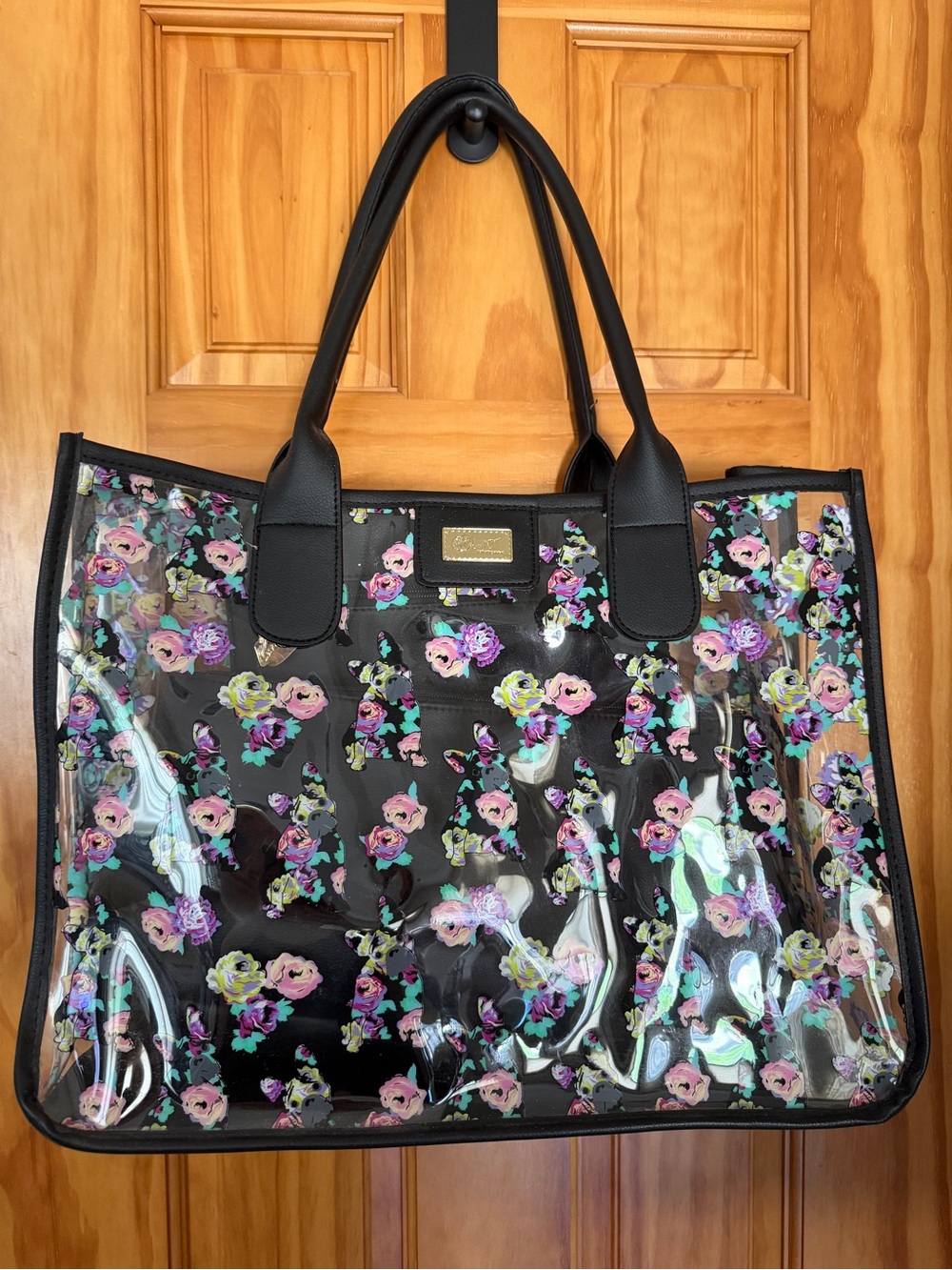 Betsey Johnson Floral and French Bulldog Black Clear Tote Bag NEW